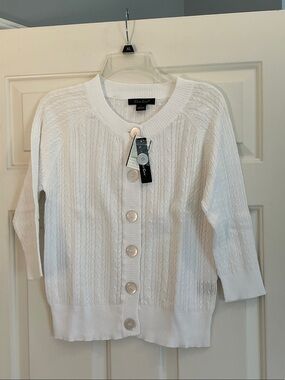 C’est City Cable Knit White Button-Front Cardigan 3/4 Sleeves NWT size Large
